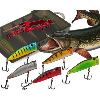 Wild Devil Baits Ready2Fish Wobbler Set Popper in Box Topwater Hardbaits für Hecht Zander Barsch Oberflächenköder mit Kunstköderbox Kunstköder Set Angelköder